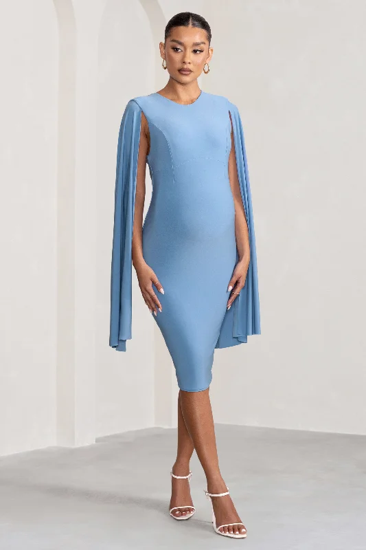 One-shoulder cocktail dress-Hey Mama | Powder Blue Maternity Cape Sleeve Midi Dress