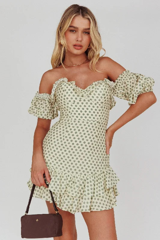 White linen dress-Homecoming Queen Sweetheart Neckline Puff Sleeve Dress Polka Dot Green