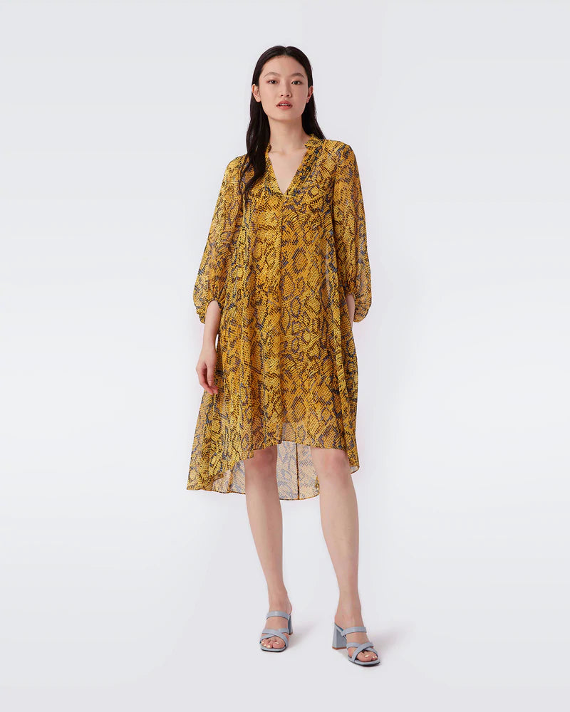 Pleated cocktail dress-Ileana Chiffon Dress - Early Light Leopard Fish