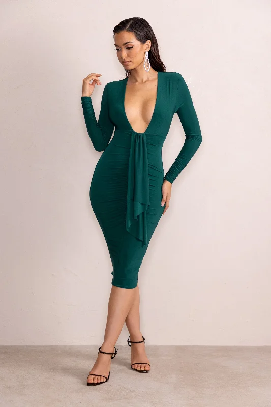 Ruched sundress-Inspirational | Bottle Green Plunge Neck Long Sleeves Ruched Midi Dress With Drape Detail