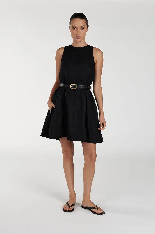 Long satin dress-ISABELLE BLACK  MINI LINEN DRESS