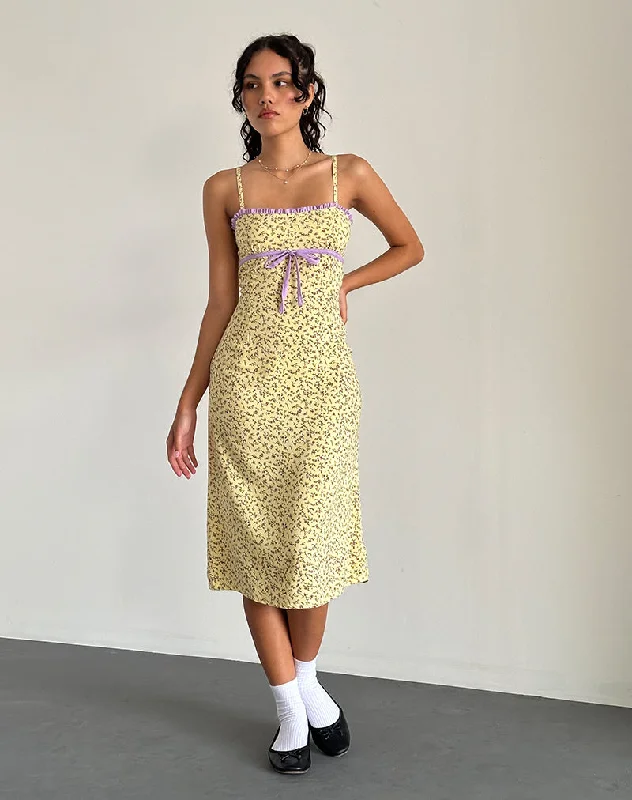 Short sleeve party dress-Isaure Midi Dress in Flowing Flower Yellow