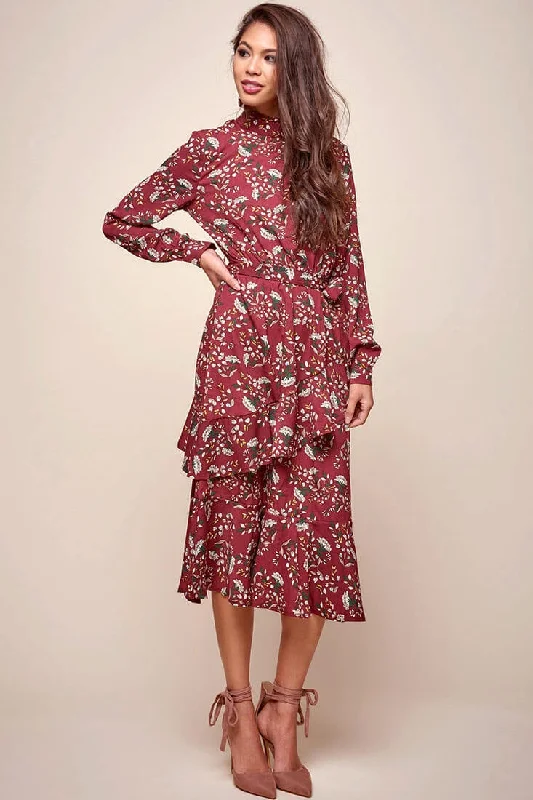 Floral cocktail dress-Jackson Waist Tie Bell Sleeve Dress Red Wine