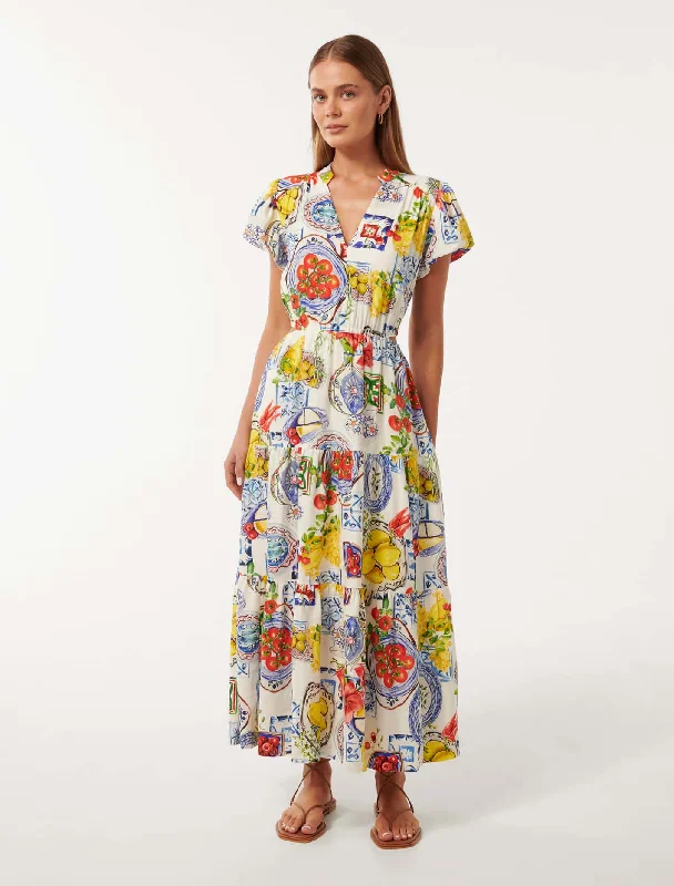 Short sleeve party dress-Jacqueline Puff Sleeve Tiered Midi Dress