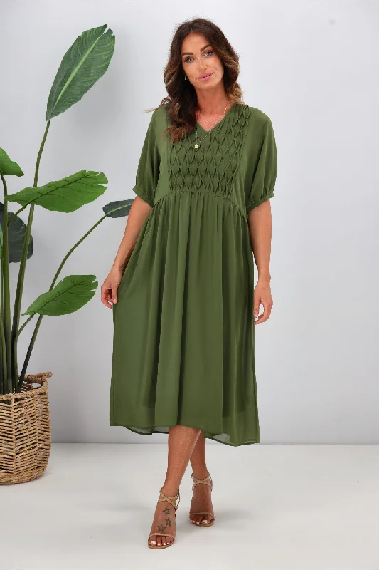 Pleated sundress-Jane James Jasmine Smocking Front Dress Olive