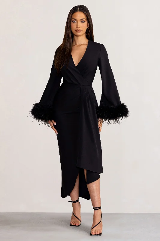 Ruffled cocktail dress-Jenna | Black Plunge Midi Dress with Feather Trim Wide Sleeves and Front Tie Drape