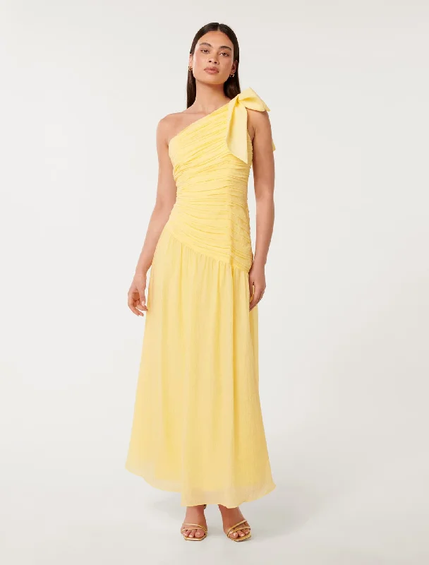 Off-shoulder sundress-Jordan Ruched Bow Detail Midi Dress