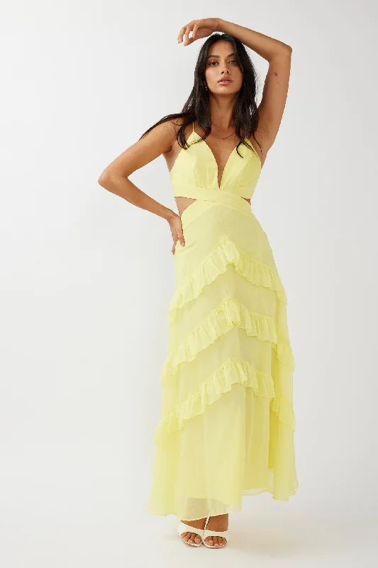 Lace cocktail dress-Joss Ruffle Trim Cut-Out Dress Yellow