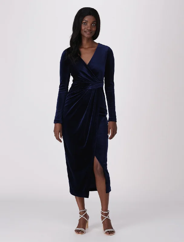 Ruched party dress-Julianne Wrap Velvet Midi Dress