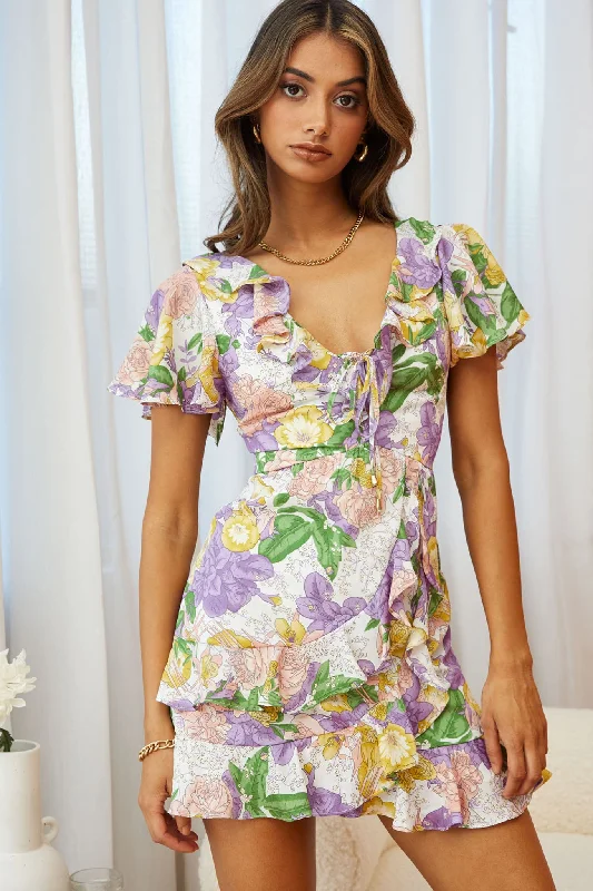 Satin cocktail dress-Kalina Ruffle Neckline Flutter Sleeve Mini Dress Floral Print Purple