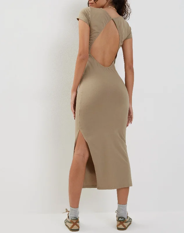 Glitter cocktail dress-Kasor Open Back Midi Dress in London Fog