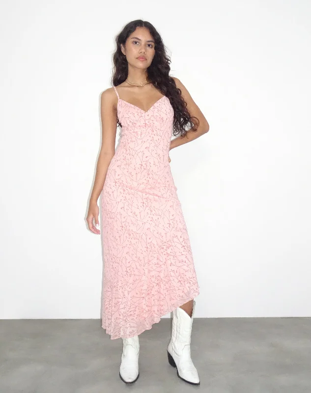 Fringe party dress-Kavala Asymmetric Midi Dress in Shadow Floral Pink