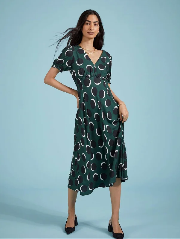 Glitter party dress-Kaydence Livaeco Printed Midi Tea Dress | Green Shadow Spot