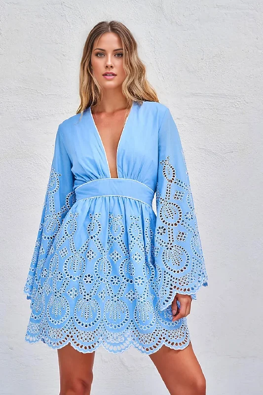 Plush knit dress-Lace Long Sleeve Mini Dress Blue