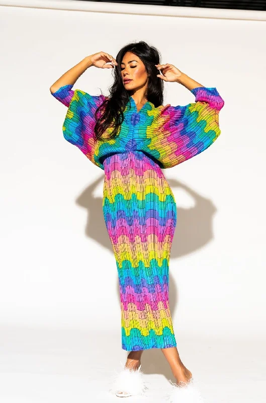 Smocked sundress-LALA EXCLUSIVE: Woman Of The Hour Midi Dress in Rainbow Kaleidoscope