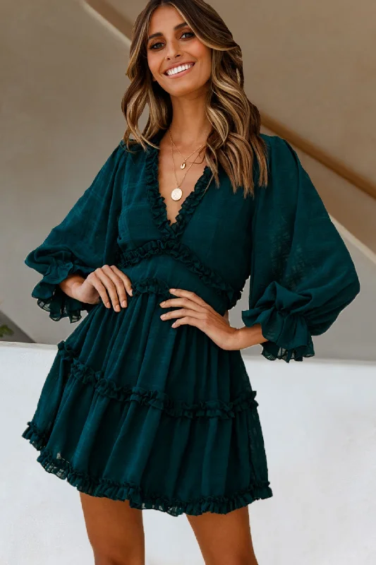 Floral cocktail dress-Laney Cutout Back Balloon Sleeve Dress Forest Green