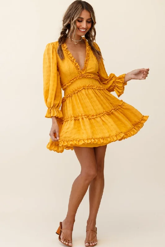 Rustic floral dress-Laney Cutout Back Balloon Sleeve Dress Mustard