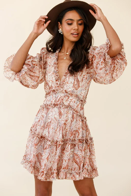 Long sleeve sundress-Laney Cutout Back Ruffle Trim Dress Paisley Print Rust