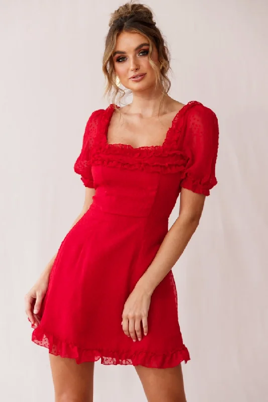 Ruched cocktail dress-Lara Puff Sleeve Frill Dress Red