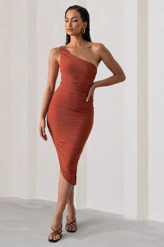 Short sleeve sundress-Late Night | Rust Asymmetric One Shoulder Ruched Midi Dress