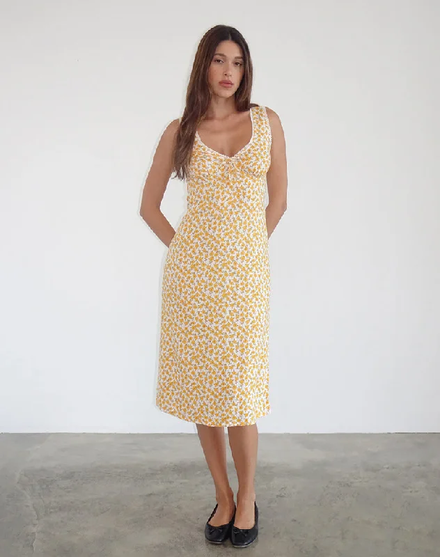 One-shoulder cocktail dress-Lavisha Midi Dress in Yellow Cosmos Garden