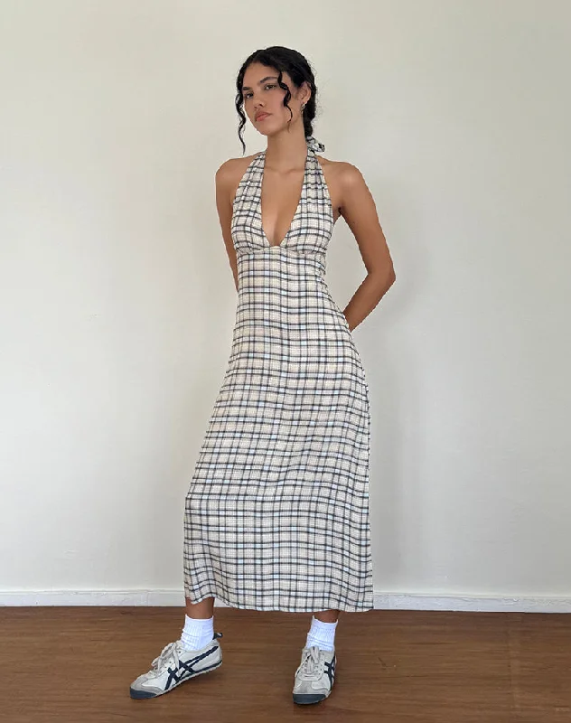 Pleated sundress-Lenata Halterneck Midi Dress in Pastel Blue Tartan