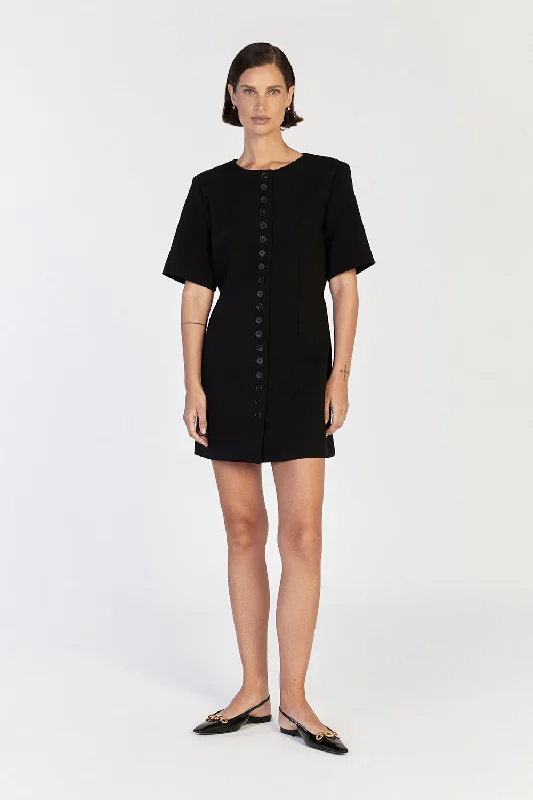 Smocked velvet dress-LIA BLACK SLEEVED MINI DRESS