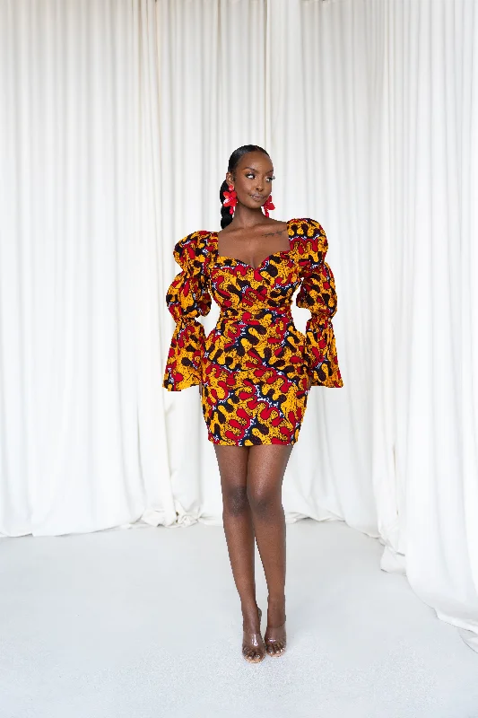 Smocked party dress-LIRA African Print Off-shoulder Puffy Sleeve Mini Dress