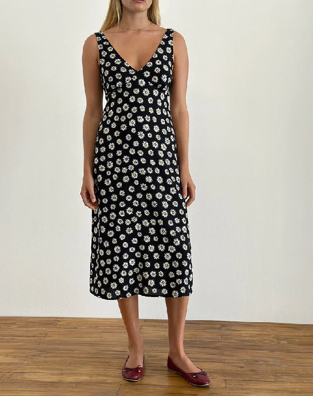 Polka dot party dress-Lisheva Midi Dress in Grunge Daisy Black