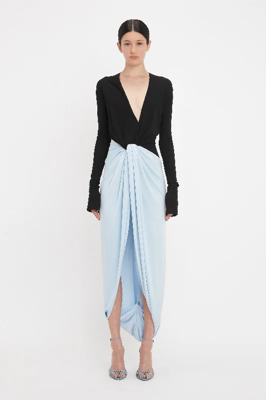 Off-shoulder sundress-Long Sleeve Knot Detail Jersey Gown In Black-Iceberg