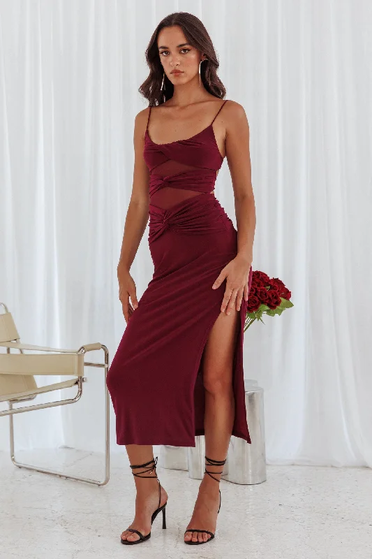 Fringe midi dress-Love Life Twist Bodice Dress Burgundy