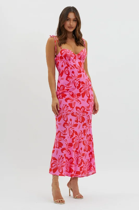 Polka dot cocktail dress-Luau Tied Shoulder Print Dress Pink