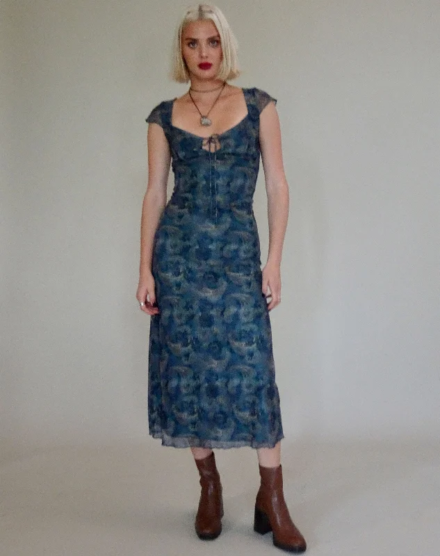 Tiered cocktail dress-Lunama Mesh Midi Dress in Tonal Blue Paisley