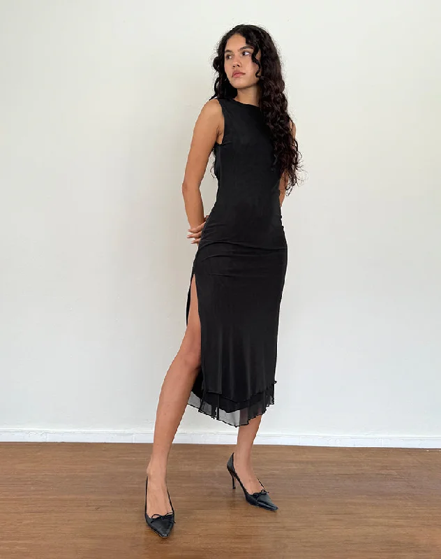 Smocked cocktail dress-Lyra Backless Midi Dress in Mesh Black