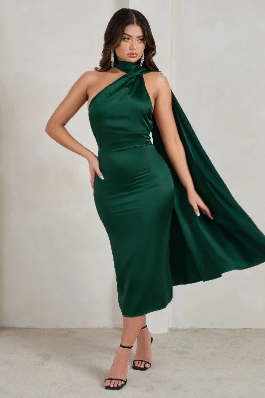 Velvet cocktail dress-Madame | Bottle Green Satin Asymmetric Scarf Neck Backless Midi Dress