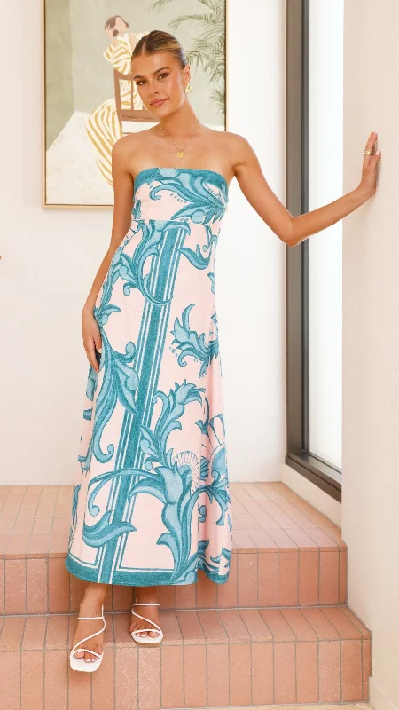 Halter neck party dress-Madra Maxi Dress - Aqua / Pink Zayna