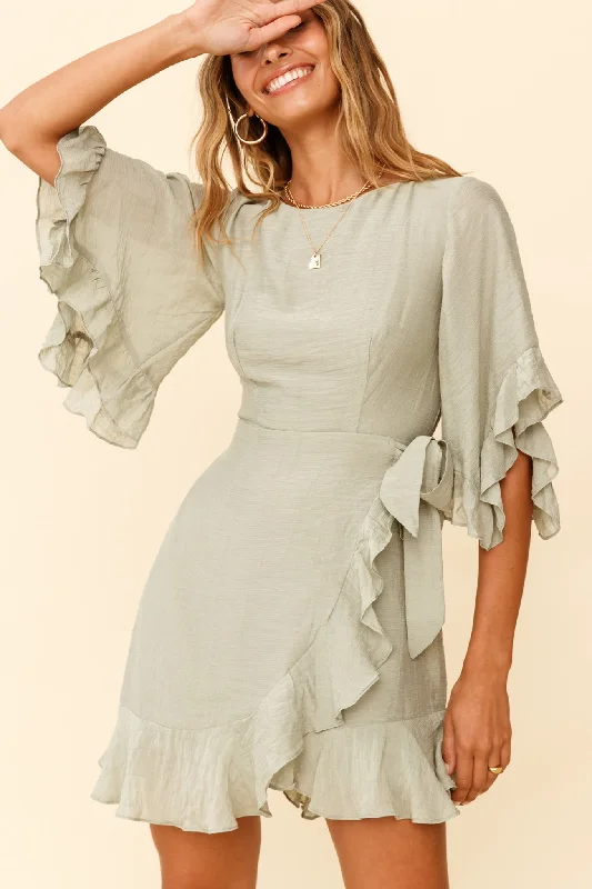 One-shoulder cocktail dress-Make It Happen Flared Sleeve Ruffle Trim Dress Pistachio