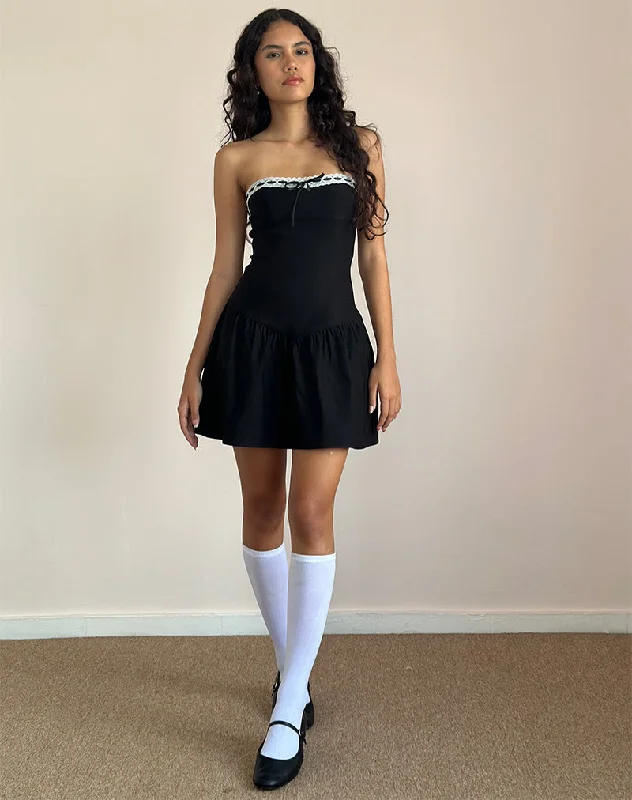 Glitter party dress-Manisha Mini Dress in Black with White Trim