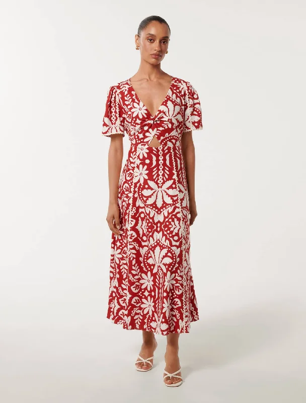 Off-shoulder cocktail dress-Marbella Petite Printed Trim Midi Dress