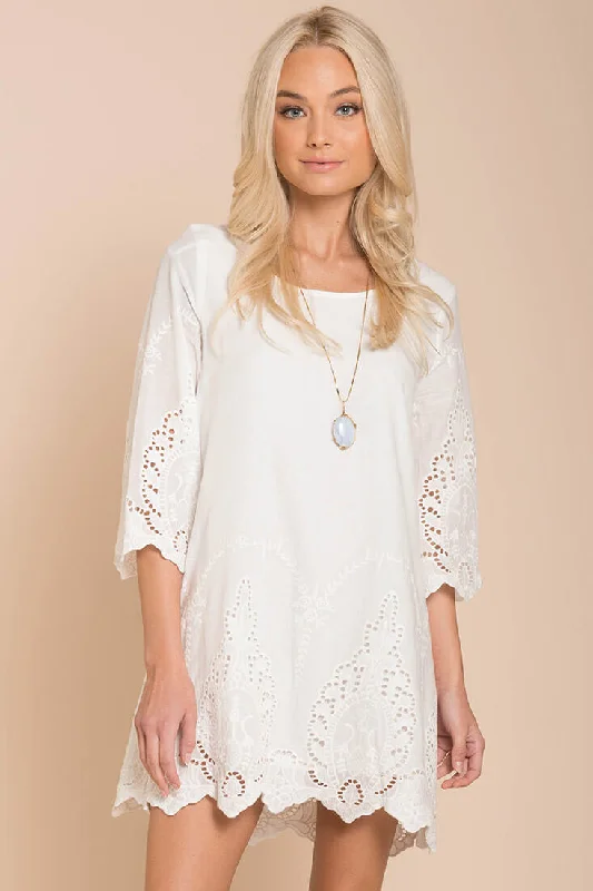 Long sleeve party dress-Marina Embroidered Tunic Dress White