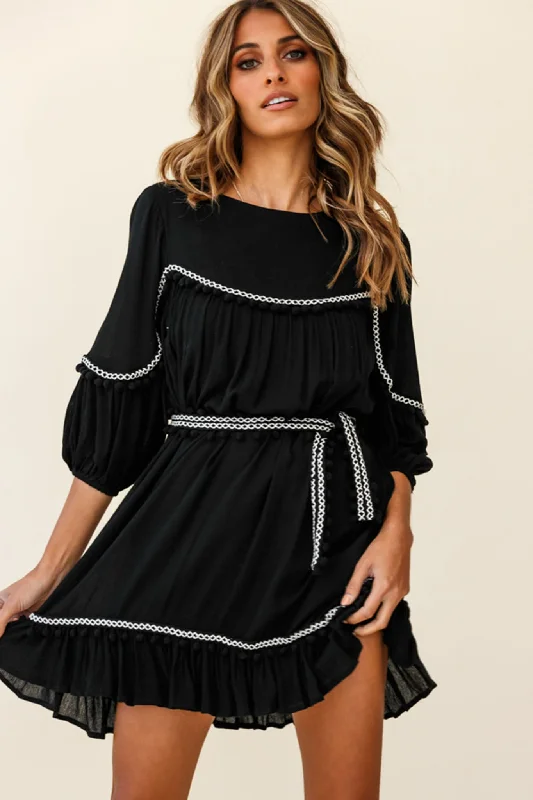 Striped party dress-Marionette Three-Quarter Sleeve Pom-Pom Dress Black