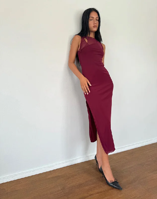 One-shoulder party dress-Marlo Asymmetric Midi Dress in Burgundy