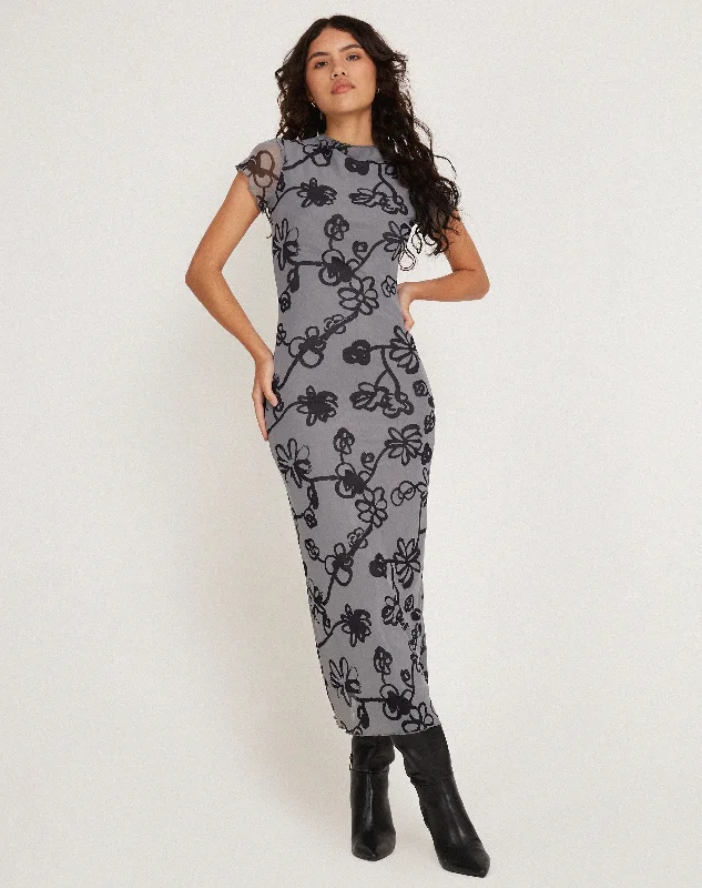 Polka dot sundress-Maruza Midi Dress in Mesh Doodle Flower Grey