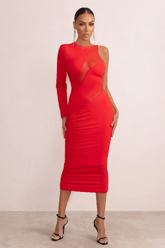 Tiered party dress-Marya | Red High Neck Asymmetric Mesh Detail Bodycon Midi Dress