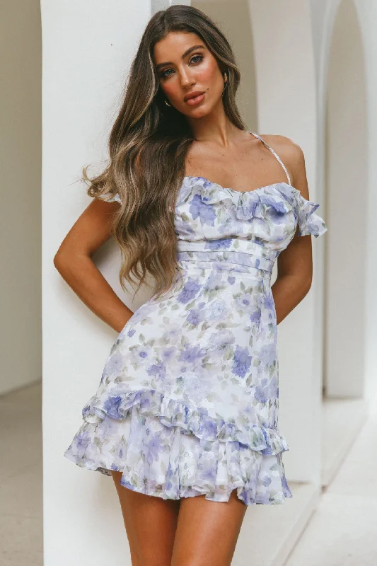 Striped party dress-Matilda Frill Trim Off-Shoulder Mini Dress Floral Print Blue