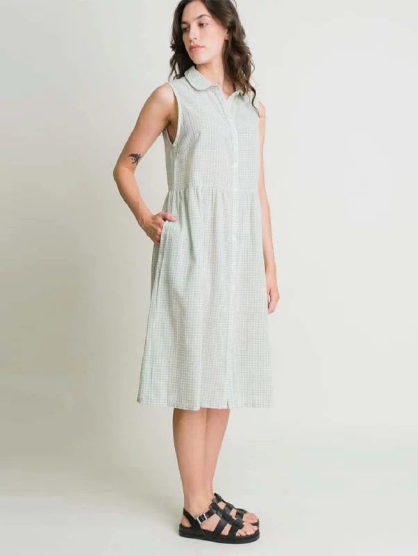 Short sleeve cocktail dress-Matilda Cotton & Linen Midi Dress | Mint Check