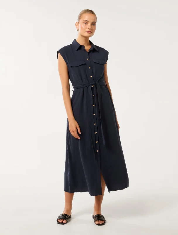 Long sleeve party dress-Mikayla Tie Belt Button Up Midi Dress