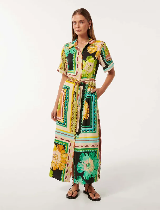 Pleated party dress-Mila Printed Shirt Midi Dress