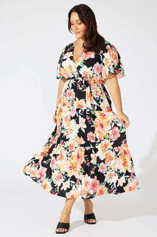 Tiered cocktail dress-Multi Floral Faux Wrap Maxidress Flare Sleeve V-neck