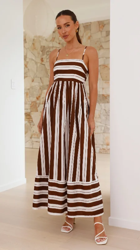 Short sleeve cocktail dress-Nadie Maxi Dress - Chocolate / White Stripe